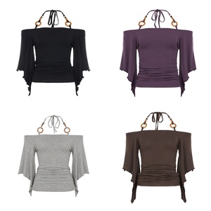 Haut élégant sans col à épaules dénudées et dos nu, manches chauve-souris - T-shirt tricoté pour femme avec détail de nœud en perles de bois, coupe décontractée - Product Image 6