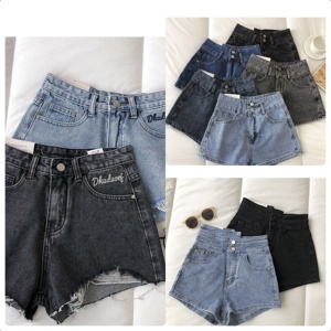 2025 Mùa Hè Thêu Túi Đinh Tán Bermuda Cao Eo Nguyên Liệu HEM Màu Xanh Denim Quần Short Phụ Nữ Co Giãn - Product Image 5