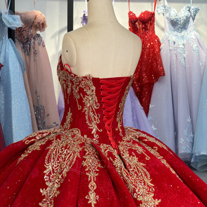 Dy6969 Quinceanera Dress <b>Red</b> Organza <b>Sequined</b> Lace Ball Gown with Chapel Train for Candy Color Natural Waistline Ruffles - Product Image 2