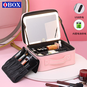 Bolsa de cosméticos QBOX, estuche de maquillaje portátil de gran capacidad con espejo y luz, mango suave de color sólido para uso diario - Product Image 4