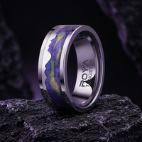 Bague classique en carbure de tungstène poli argenté 8 mm, motif arbre forestier, incrustation bleu-vert effet sable, unisexe, pour mariage et fiançailles