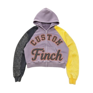 Felpe con Cappuccio Finch con Applicazioni Ricamate, Cotone Pesante, Stile <span class=keywords><strong>Vintage</strong></span> Y2k, Nero con Cerniera e Strass - Product Image 2