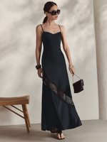 Robe longue de soirée élégante en satin de soie avec dentelle et patchwork, bretelles spaghetti, coupe ajustée, dos nu, fabrication OEM Chine