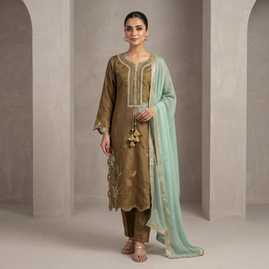 Ensemble indien pakistanais brodé en soie, Sherwani, Kurta, Palazzo, Dupatta, Salwar Kameez, tenue florale à franges - Product Image 1
