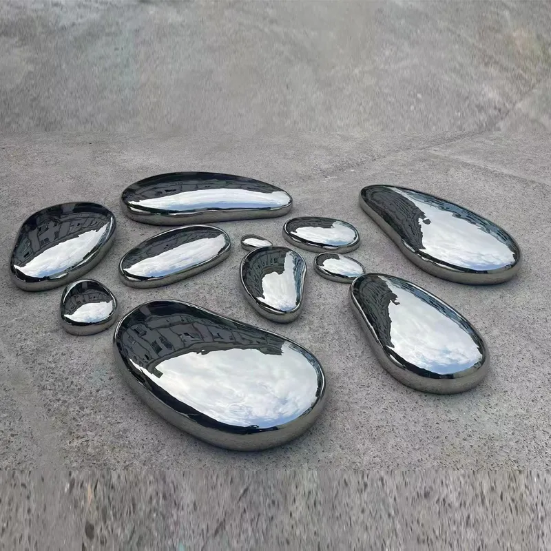 Alta calidad Pebble Art Decoración Espejo Paisaje Exterior Metal Piedra Césped Escultura de acero inoxidable para decoración interior