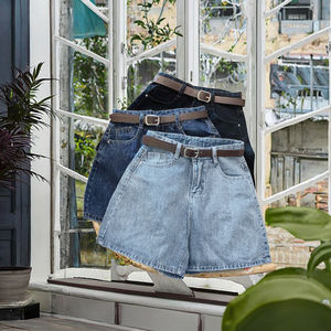 Shorts en jean décontractés taille haute pour femme, coupe ample trapèze, style sarouel, avec taille élastique, respirants et à motif simple - Product Image 2