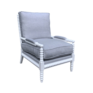 French Style Antique White Birch Wood Accent Bobbin <strong>Chair</strong> With Linen Upholstered Lounge Armchair - Product Image 1