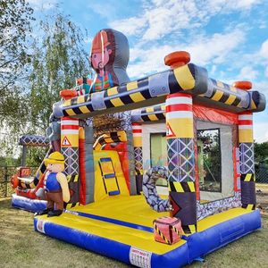 Castillo inflable comercial para niños, con tobogán, para fiestas al aire libre, con diseño de obra de construcción. - Product Image 3