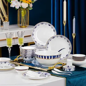 Luxury Gold Rim Bone China Dinnerware Set White And Blue Line Ceramic Bowls Plate Dinner Ware