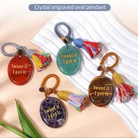 Porte-clés ovale personnalisé en obsidienne noire naturelle sculptée à la main avec pompon coloré, pendentif en pierre précieuse pour sac portable ou décoration de porte de voiture