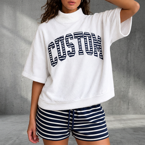 Custom <b>Women's</b> Terry <b>Short</b> Sleeve Turtleneck Sweatshirt with <b>Striped</b> <b>Shorts</b> Loungewear Set Spring Casual Wear Mock neck Sets - Product Image 1