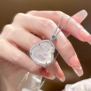 Chinese Style Buddha Pendant Necklace Chalcedony Teardrop Shape Bezel Setting Clavicle Chain Everyday Wear Fine Jewelry - Product Image 1
