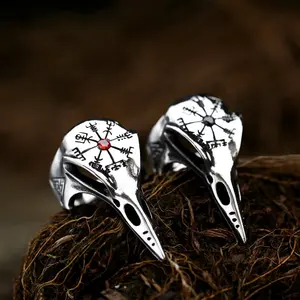 Men Stainless Steel Vintage Nordic Viking Zircon Gemstone Bird Raven Head Compass Celtic Signet Finger Ring Jewelry