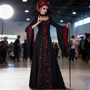 Costume de vampire pour femmes adultes, robe gothique noire et rouge, tenue de cosplay pour fête d'Halloween, tenue de jeu de rôle à manches longues et longueur complète - Product Image 1