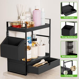 2-Tier Multifunction Standing Bathroom Counter Organizer Drawer <b>Basket</b> Wood Countertop <b>Storage</b> Skincare Organizers Vanity - Product Image 2