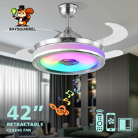 Ventilateur de plafond moderne rétractable Bluetooth de 42 pouces avec lumière RGB pour haut-parleur, 6 vitesses, réversible, télécommande, contrôle par application, moteur DC, 4 pales