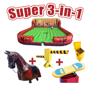 Plataforma Hinchable Multijuegos 3 en 1 con Caballo Mecánico, Tabla de Surf y Brazo Limpiador Wipeout, Tapete de <span class=keywords><strong>Juego</strong></span> de PVC Duradero para Carnaval - Product Image 1