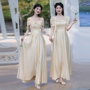 Champagne Bridesmaid Dresses A-Line Satin Sweetheart Neckline Natural Waist Long Formal Wedding Party Wear - Product Image 1
