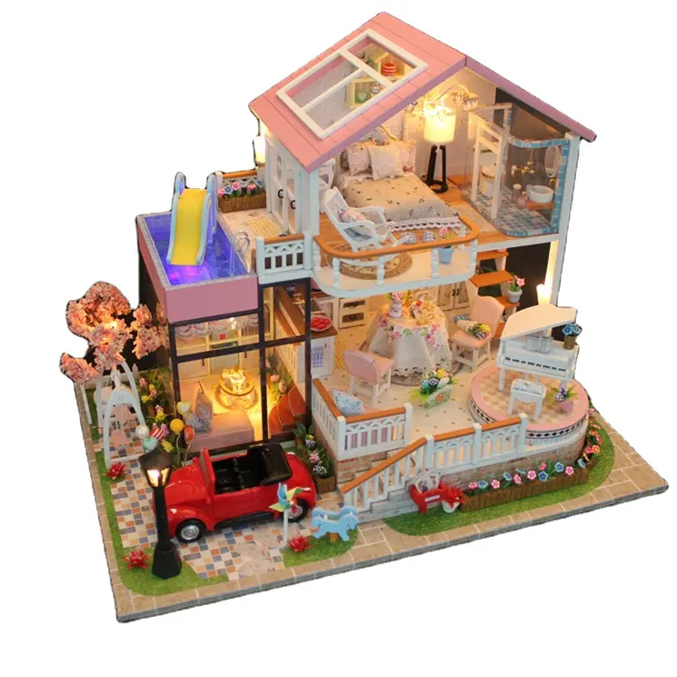 Giocattolo di legno educativo 3d fai da te all'ingrosso per ragazza Kit miniatura casa delle bambole fai da te casa in miniatura fai da te doppio Garage