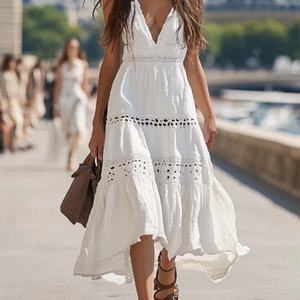 Vestido de algodón blanco de verano para mujer, sin espalda, con cuello halter, elegante, con encaje calado, informal, midi, de algodón, de fabricante de ropa. - Product Image 2