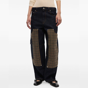 <span class=keywords><strong>Jeans</strong></span> a gamba larga a vita bassa da donna personalizzati di fabbrica con toppa scozzese pesante e ampia tasca laterale decorata pantaloni retrò dimagranti - Product Image 1