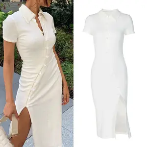 AW571 Mùa Hè Xu Hướng Mới Lần Lượt Xuống Cổ Áo Gân Vestidos Slit Ngắn Tay Áo Nút Trắng Dài Bodycon Thanh Lịch Casual Dresses