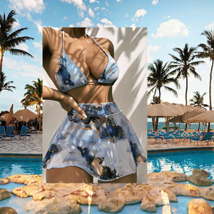 Wholesale Custom Marble Print Halter Triangle Bikini Set with Matching <b>Skirt</b> Sexy Two Piece Swimwear Beachwear Women <b>Swimsuit</b> - Product Image 2
