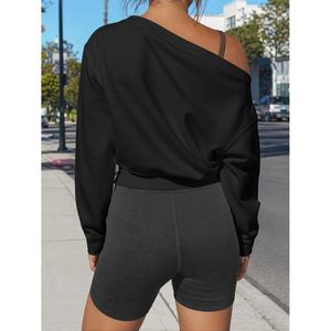 Custom Womens Off Shoulder Sweatshirt <b>Crop</b> <b>Top</b> Oversized <b>Long</b> <b>Sleeve</b> Workout Shirt Cinched Waist Breathable Knitted Fabric - Product Image 3