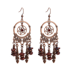 Pendientes colgantes de aleación de cobre chapados en bronce antiguo con diseño de atrapasueños para mujer, estilo bohemio, con plumas, joyería de moda - Product Image 5