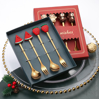 Ensemble de 6 cuillères et fourchettes en acier inoxydable avec poignée d'animaux mignons, cuillère à dessert dorée, fourchette à fruits, boîte cadeau pour enfants, fête de naissance
