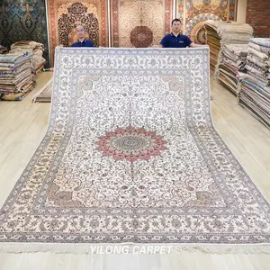 YILONG 9 '× 12' Hand Knotted Silk Rug Traditional Medallion Handmade Silk Carpet Henan