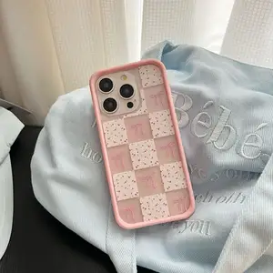 Розовый эстетичный чехол для телефона с бантом миниатюрный цветочный принт в клетку для iPhone 13 Pro Max 14 15 6,7 дюймов