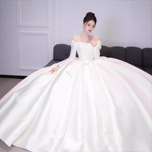 Wedding Dress Off Shoulder Long Sleeve Satin Ball Gown Sweetheart Neckline Natural Waist Vintage Style - Product Image 2