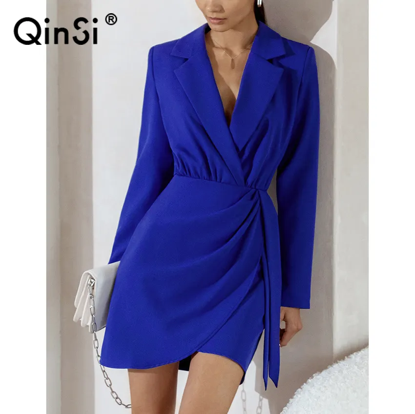 Bclout/QINSI Solid Short Dress 2022 Pleated Fall Women Elegant Black Long Sleeve Party Dress Office Notched Mini Wrap Dress
