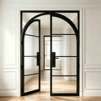 Puertas de Patio Modernas de Hierro Forjado con Vidrio Exterior Negro, Aislamiento Térmico y Diseño de Arco Superior, Puertas de Acero y Vidrio