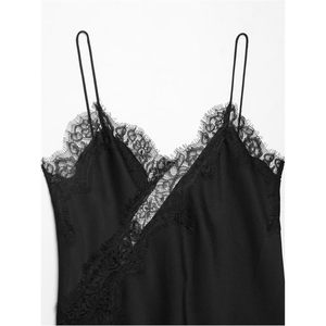 FOXA Women's Satin Lace Trim Asymmetrical Camisole Spaghetti Strap V-Neck Club Dressy <b>Silky</b> <b>Top</b> - Product Image 4