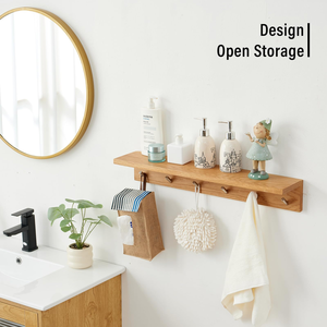 Estantes Flotantes de un Solo Nivel con Ganchos Metálicos, Estante de Pared de Bambú para Decoración del Hogar, para Baño, Sala de Estar, Opciones de Varios Tamaños - Product Image 2