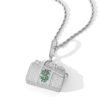 Collier pendentif sac à monnaie en laiton plaqué or 14K, serti de zircone cubique, motif signe dollar vert, style Hip Hop, vente en gros