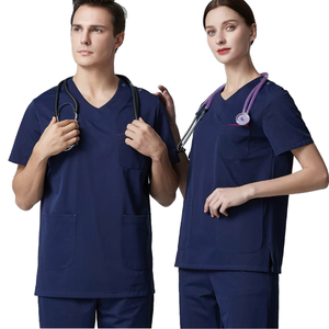 Conjunto de Uniforme Médico Unisex con Logotipo Personalizado, Uniforme de Hospital Profesional Azul Marino con Cuello en V y Pantalones Cargo para Doctores y Personal de Enfermería - Product Image 1