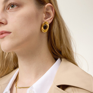 Tiger's Eye <b>Stud</b> Earrings 18K Gold Plated <b>Titanium</b> Steel Oval Geometric Party Jewelry Bezel Setting Stainless Steel Posts - Product Image 3