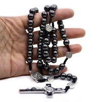Chapelet à cordon en hématite de 8mm, chapelet tissé noir, collier de croix religieux, chapelet gothique