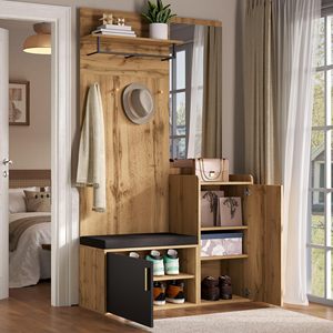 SENYU Solid Wood Entryway <b>Coat</b> Rack with Mirror Storage <b>Bench</b> 4 Hooks 5 Shelves Multipurpose Hallway Organizer - Product Image 1