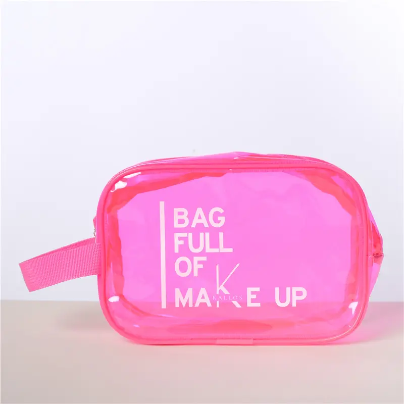 Tas kosmetik, tas riasan merah muda dipersonalisasi, tas kantong kosmetik perlengkapan mandi tahan air bening Pvc dengan tali tangan ritsleting
