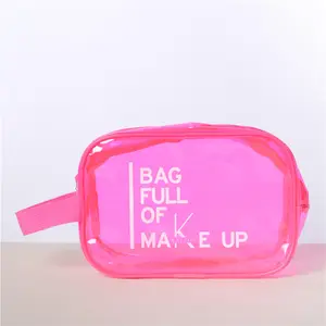 personalized pink Makeup Bag Pvc clear Waterproof Toiletry cosmetic pouch bag with zipper hand strap