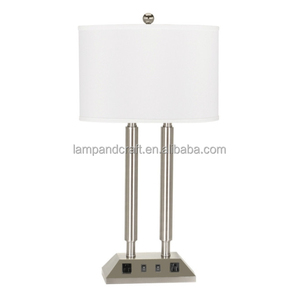 2 Rocker Switches 2 Outlets Brushed Steel Finish Table Lamp for Home Decor Bedroom Hotel Lobby Hotel Guestroom - Product Image 1