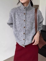 Cardigan en tricot d'alpaga personnalisé pour femme, col haut, boutons sur le devant, pull chaud d'hiver