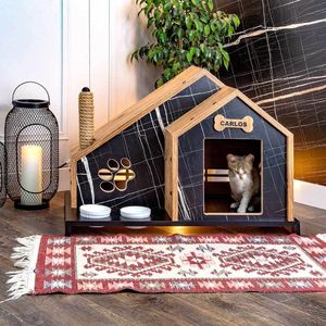 บ้านสัตว์เลี้ยงในร่มไม้เนื้อแข็งสั่งทำพิเศษ หรูหรา เป็นมิตรกับสิ่งแวดล้อม สไตล์โมเดิร์น หลังคาทรงสามเหลี่ยมกันลมสำหรับสุนัข - Product Image 1