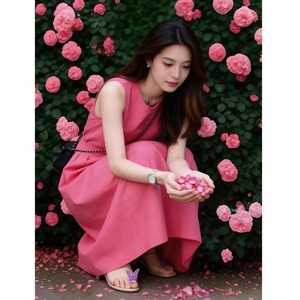 Nuovo Abito Lungo Estivo 2026 all'Ingrosso Minimalista Senza Maniche Stile Francese Chic a Vita Alta Ampio in Misto Cotone Rosa Linea A per Resort - Product Image 5