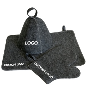 Guantes de fieltro de tres piezas al por mayor del fabricante, almohadilla para asiento de sauna, gorro de baño ruso personalizado con logotipo para ducha, sauna y sala de vapor - Product Image 2