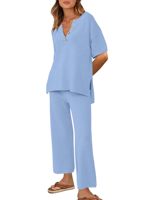 Tenues de voyage décontractées 2 pièces pour femmes ensemble de pull à motif solide ample avec pantalon à jambes larges pour l'été